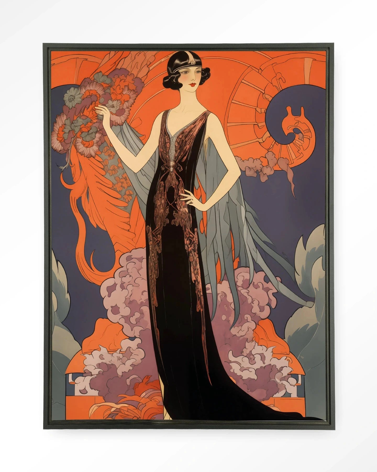 Gatsby Lady moderne wanddecoratie van Urban Cotton, kunstprint met glas en wandkleed in zwart frame, abstracte kunststijl