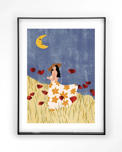 Kunstprint van een meisje in een klaprozenveld met acryl frame, moderne wanddecoratie door Urban Cotton, kleurrijk en sfeervol.