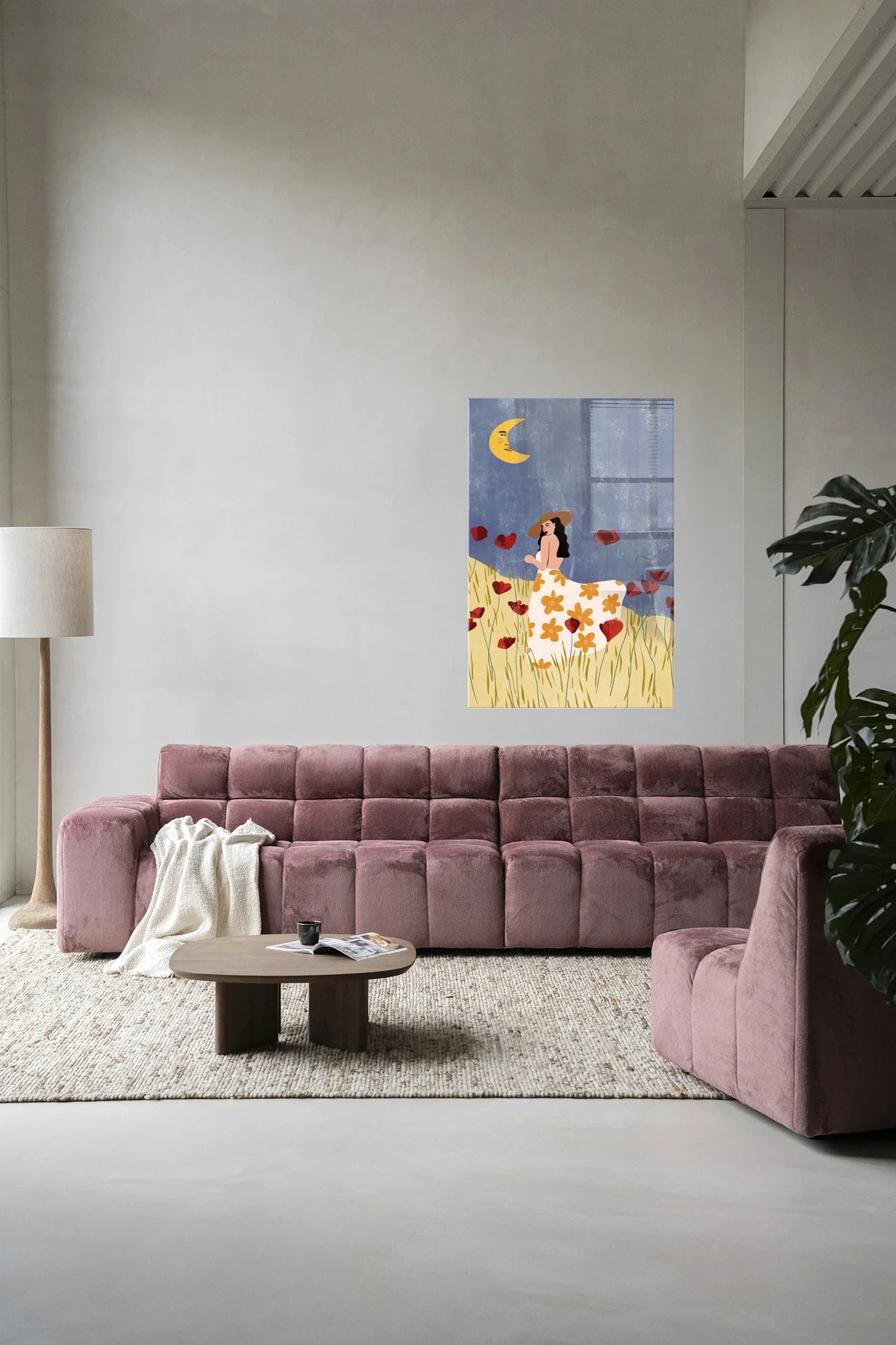 Kunstprint van een meisje in een klaprozenveld, glaskunst en wandkleed van Urban Cotton, moderne wanddecoratie, kleurrijk en artistiek.