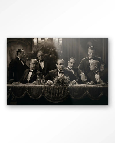Moderne wanddecoratie met glasartwork en wandkleed van Urban Cotton, geïnspireerd door The Godfather, elegante kunst voor aan de muur
