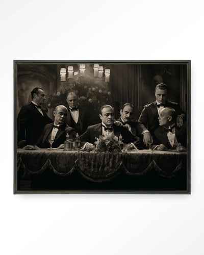 Moderne wanddecoratie van Urban Cotton met kunstprint en wandkleed, zwart frame, geïnspireerd door Godfathers thema.