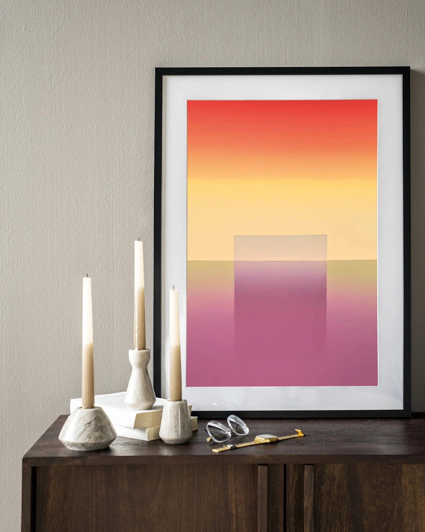 Moderne wanddecoratie Gradient 1 van Urban Cotton, kunstprint met houten frame en zwart glas, geschikt als wandkleed of kunstwerk.