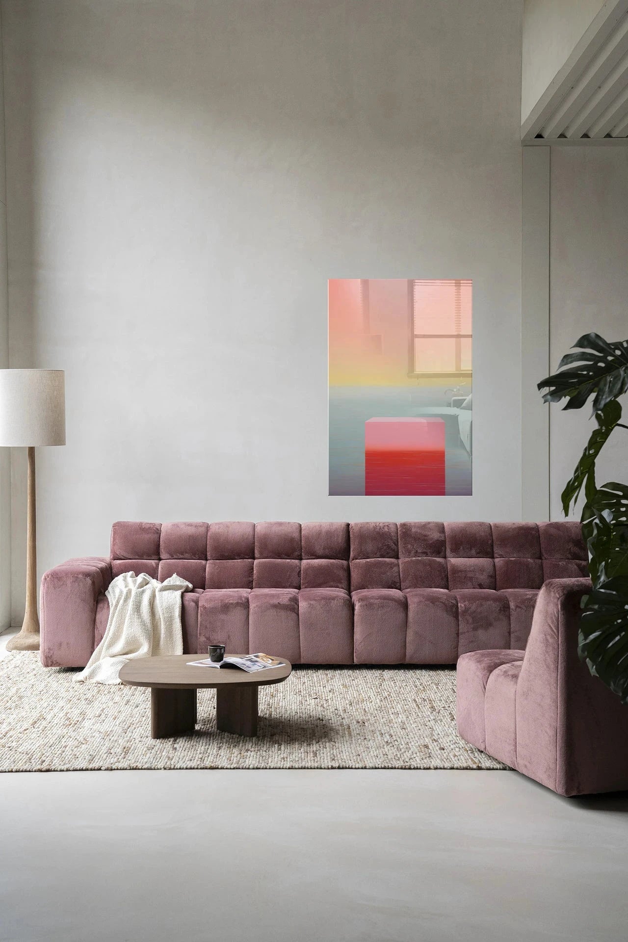 Moderne wanddecoratie van Urban Cotton met een kleurrijk glas artprint en wandkleed, abstracte gradient ontwerp voor stijlvolle interieurs