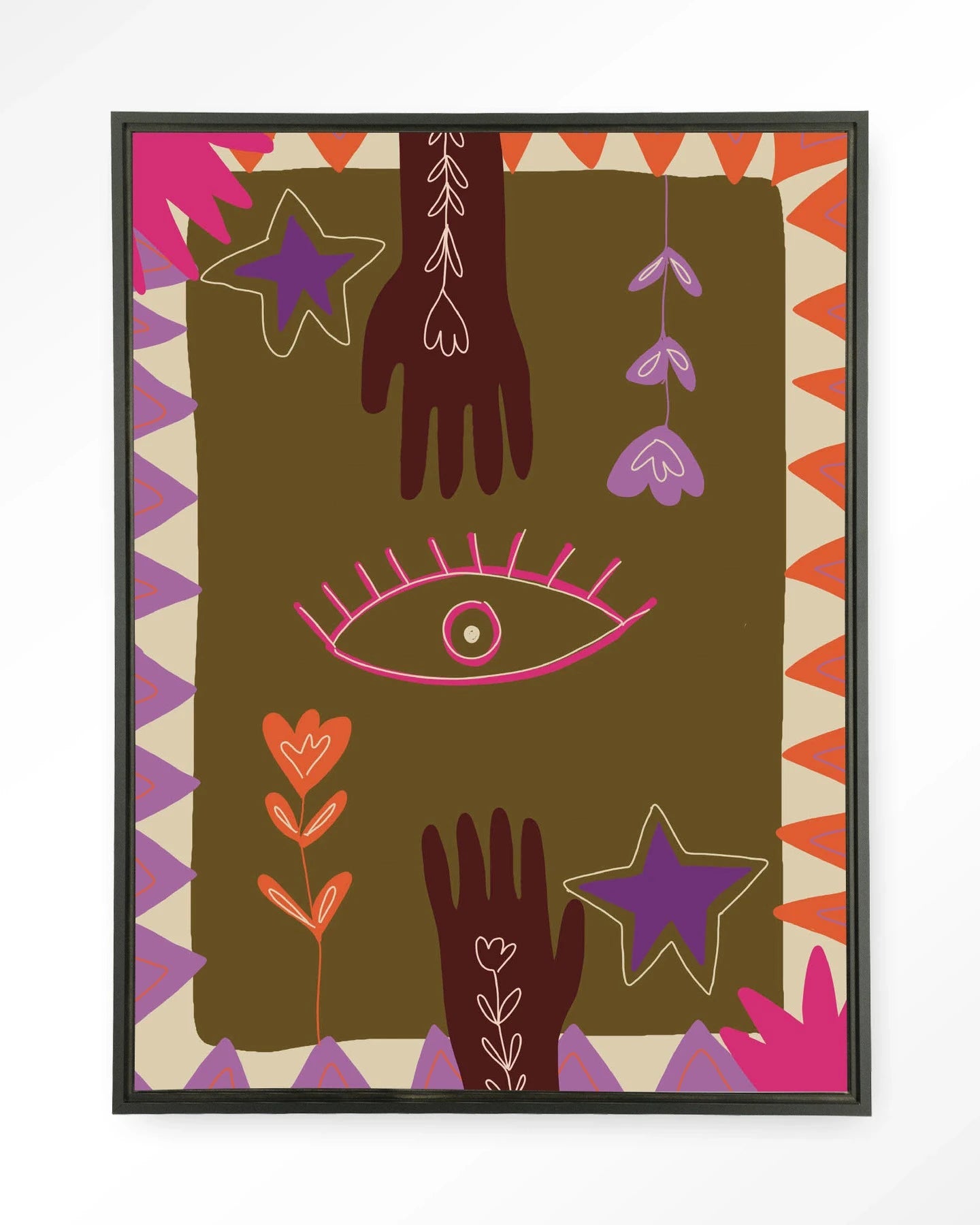 Moderne wanddecoratie met kunstprint van handen, inclusief glazen kunst en wandkleed in zwart frame, door Urban Cotton.