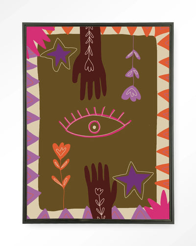 Moderne wanddecoratie met kunstprint van handen, inclusief glazen kunst en wandkleed in zwart frame, door Urban Cotton.