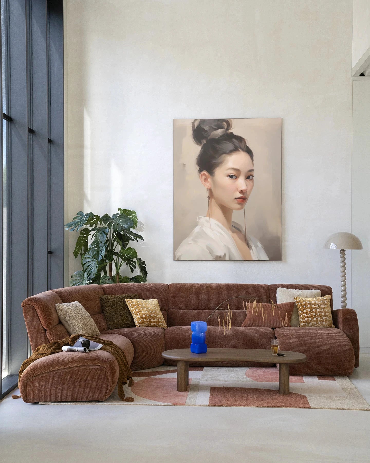 Moderne wanddecoratie van Urban Cotton met Haruto kunstprint, glasart en wandkleed, kleurrijk en artistiek wandstuk voor thuis.