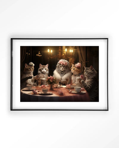 Moderne kunstprint van een kat met thee door Urban Cotton, ingelijst in zwart acryl, geschikt als wanddecoratie.