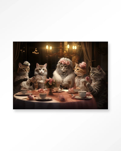 Moderne wanddecoratie van Urban Cotton met kunstprint van een kat met thee, glasart en wandkleed, kleurrijk en artistiek ontwerp