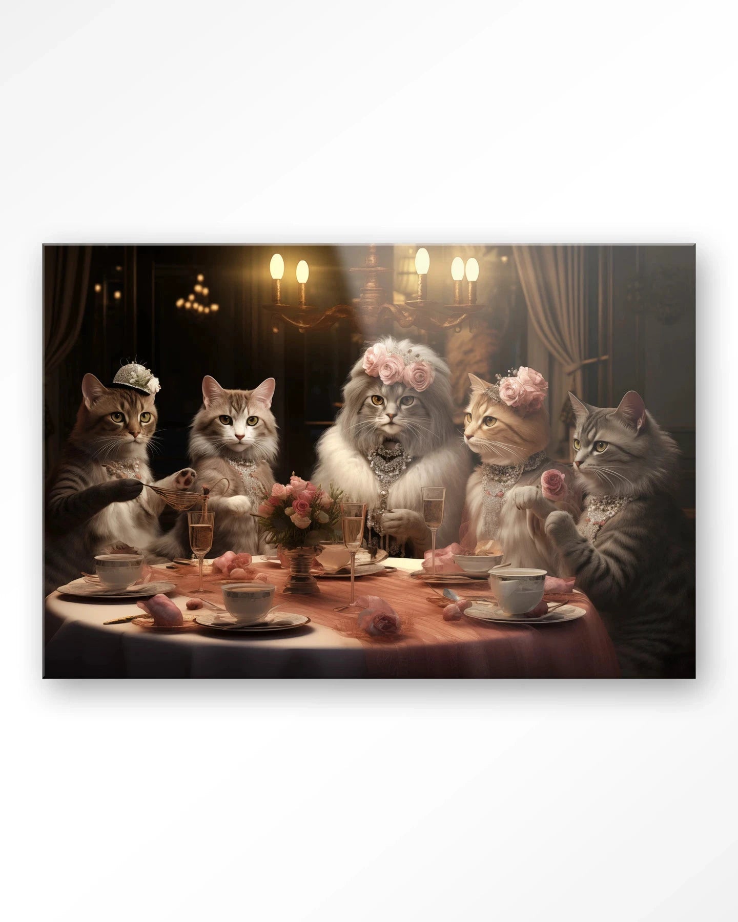 Moderne wanddecoratie met kat en thee, glasartprint van Urban Cotton, geschikt als kunstwerk en wandkleed.