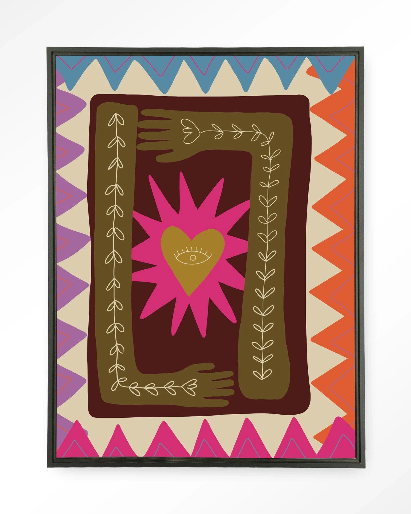 Hug wandkleed van Urban Cotton met moderne kunstprint en zwevende zwarte lijst, stijlvolle wanddecoratie voor interieur.