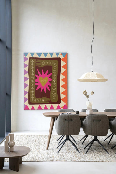 Moderne wanddecoratie van Urban Cotton, kunstprint met glas en wandkleed met abstract ontwerp, kleurrijke muurversiering.