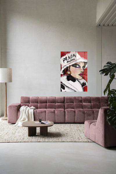 Moderne kunstwanddecoratie van Urban Cotton met glasart en wandkleed, abstract design in levendige kleuren.