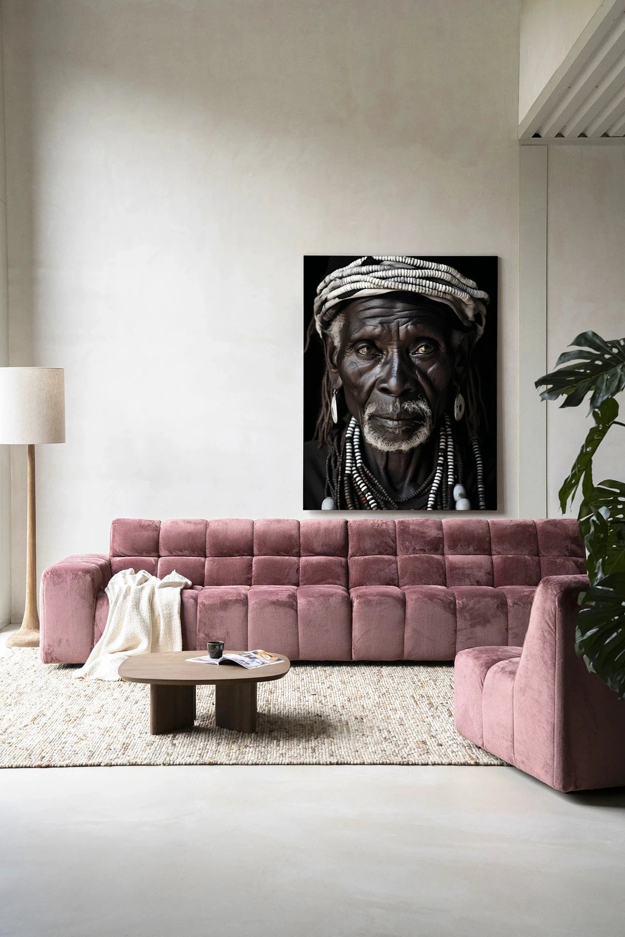 Moderne wanddecoratie van Urban Cotton met kunstprint, glazen kunst en wandkleed met abstract ontwerp in neutrale kleuren