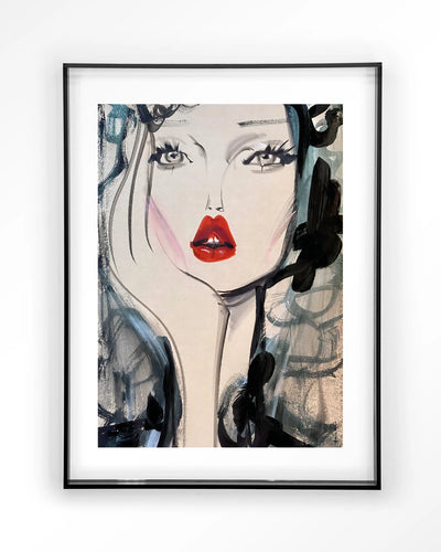 Moderne kunstprint van Kate Moss Forever door Urban Cotton, ingelijst in zwart acrylic, geschikt als wanddecoratie.