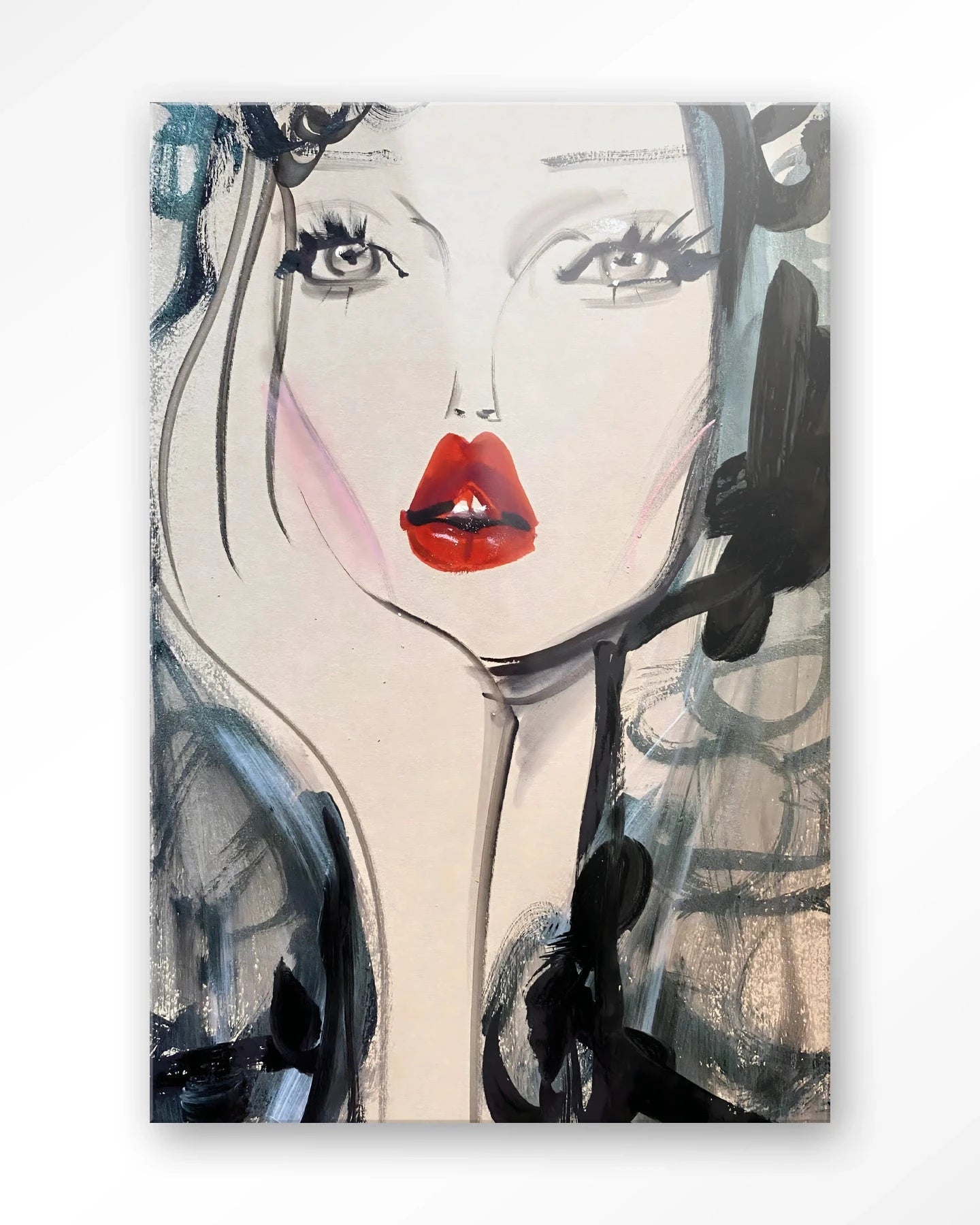 Kunstwerk van Kate Moss Forever in glas, modern wanddecoratie van Urban Cotton met kleurrijk ontwerp en artistieke details.