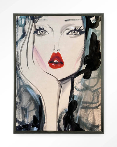 Moderne kunstwanddecoratie met Kate Moss Forever ontwerp, glas artwork en zwart wandkleed van Urban Cotton.