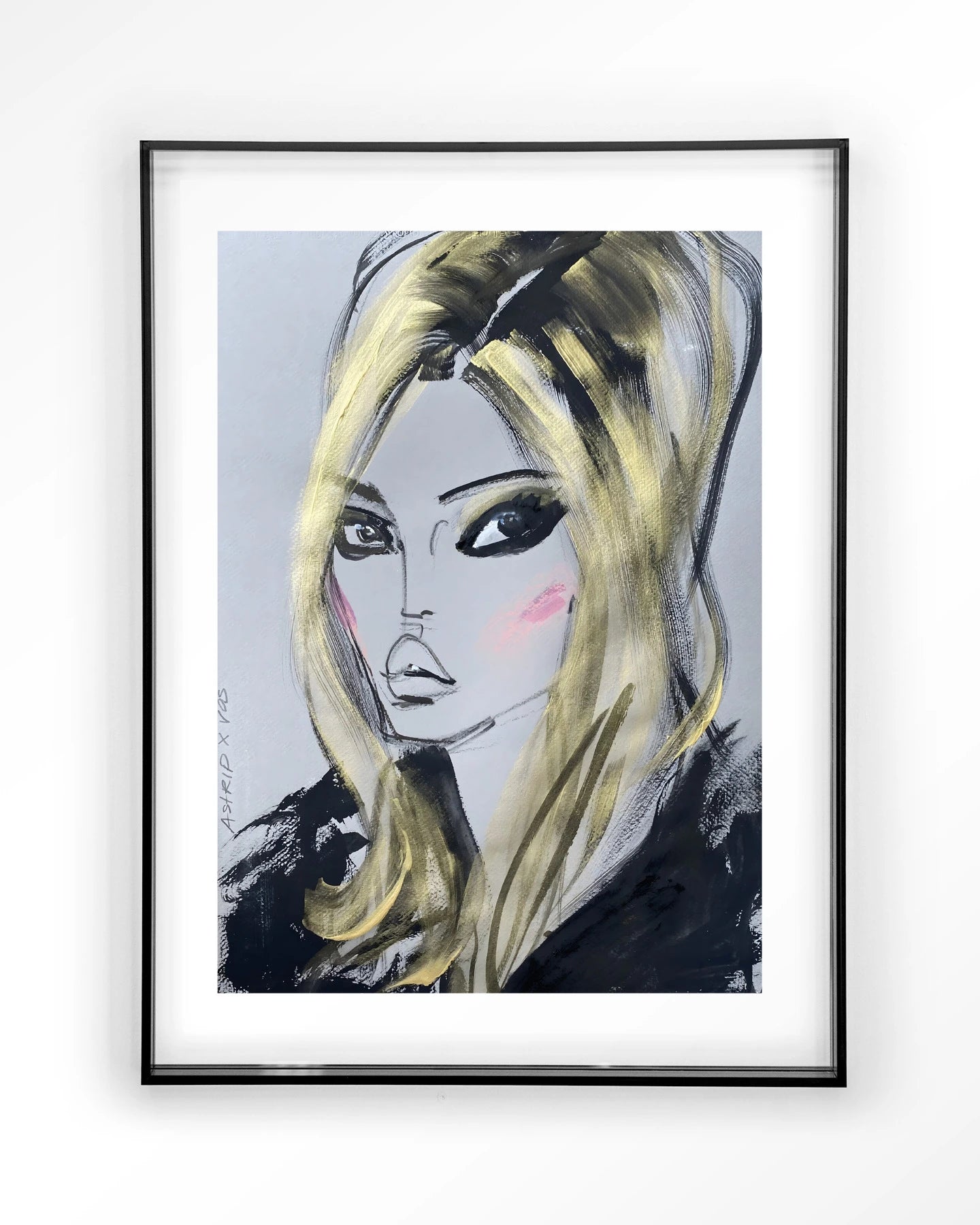 Moderne kunstprint van Kate Moss door Urban Cotton, ingelijst in zwart acryl, geschikt als wanddecoratie en kunstwerk.