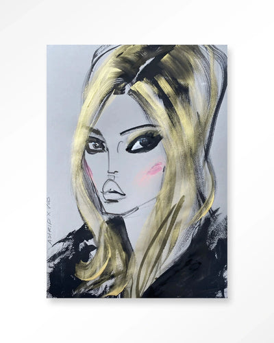 Moderne kunstprint van Kate Moss door Urban Cotton, glas art en wandkleed voor stijlvolle wanddecoratie.