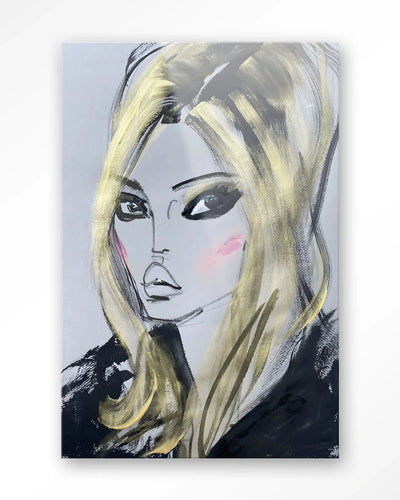 Kunstprint met afbeelding van Kate Moss, modern glasartwork en wandkleed van Urban Cotton, decoratief en artistiek wanddecor.
