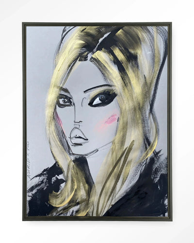 Kunstwanddecoratie van Kate Moss door Urban Cotton, inclusief wandkleed met zwart frame en modern artprint.