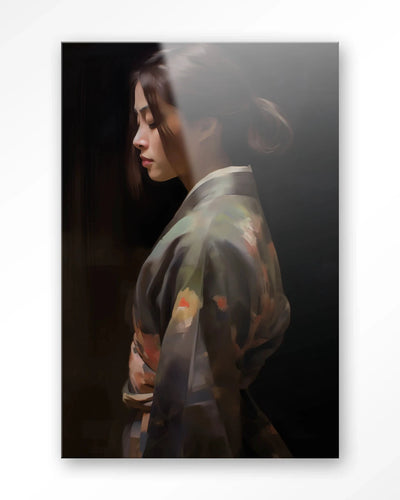 Moderne wanddecoratie van Urban Cotton met glasartprint en wandkleed, kunstwerk met kleurrijk Kimono Tales ontwerp op glas.
