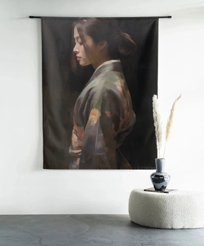 Moderne wanddecoratie van Urban Cotton met Kimono Tales kunstprint, glasart en wandkleed met vloeiende curve in heldere kleuren