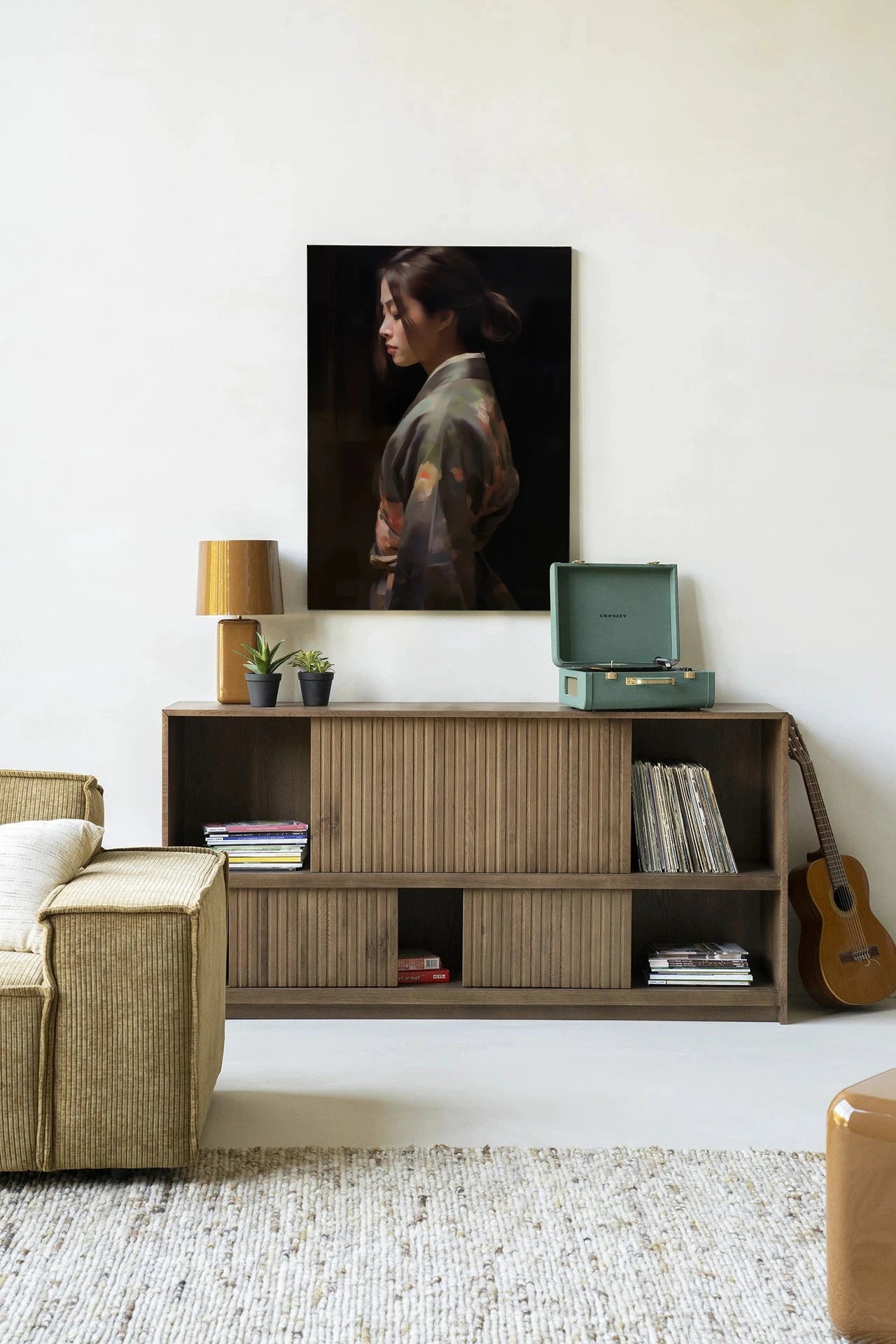 Moderne wanddecoratie van Urban Cotton met een Kimono Tales kunstprint, glasart en wandkleed in een stijlvolle frame.