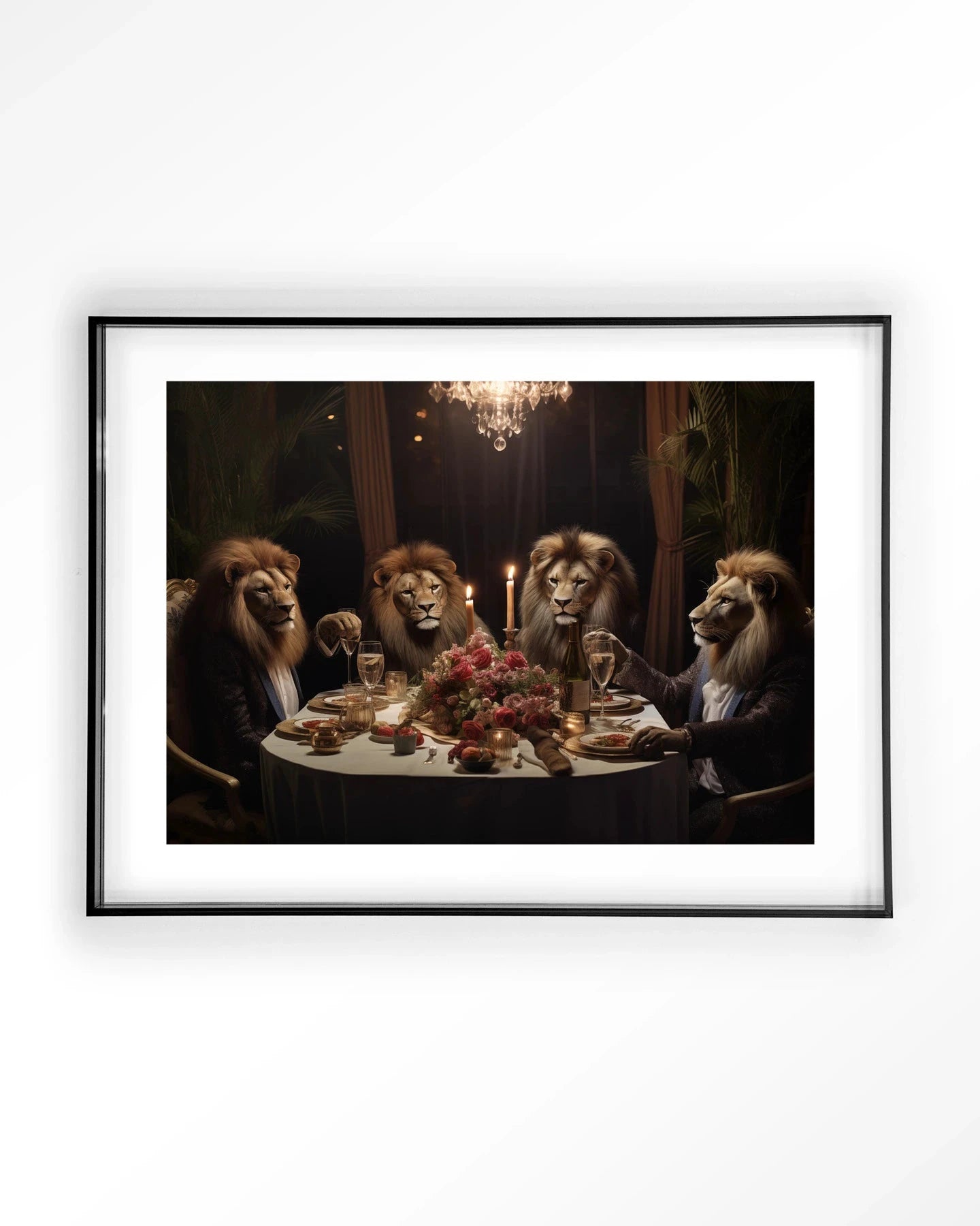 Modern kunstprint van de Lions Dinner door Urban Cotton, met zwart acryl frame, geschikt als wanddecoratie in huis.