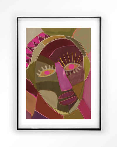 Moderne kunstprint "Mas Que Nada" van Urban Cotton met zwart acryl frame, wanddecoratie met kleurrijk design.
