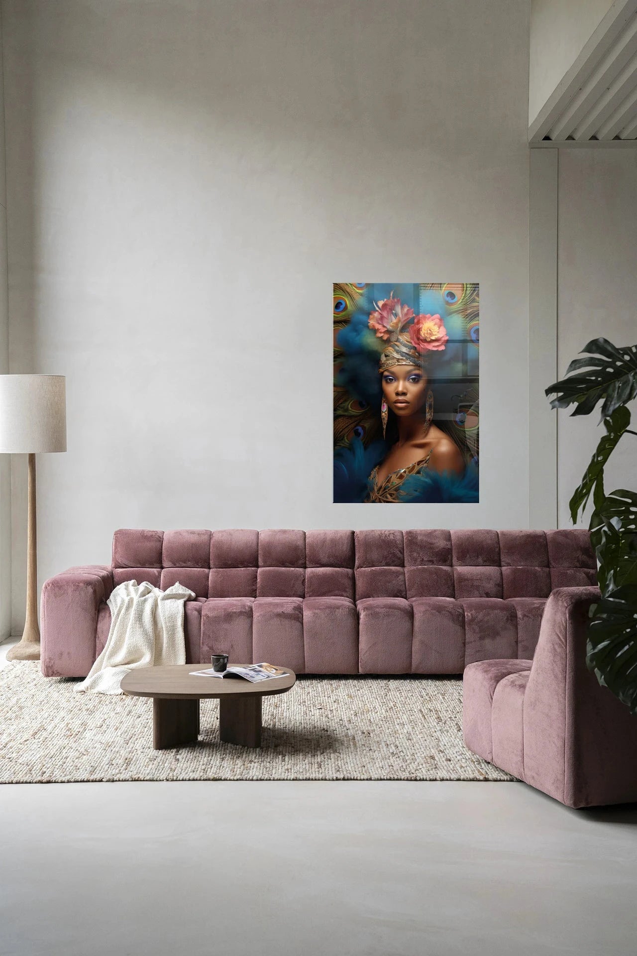 Moderne wanddecoratie van Urban Cotton, glas artprint en wandkleed met abstract kunstmotief, kleurrijk en stijlvol voor in huis.