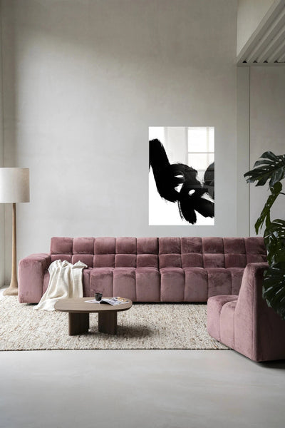Moderne wanddecoratie van Urban Cotton met glas artprint en wandkleed, abstract kunstwerk met kleurrijk ontwerp.
