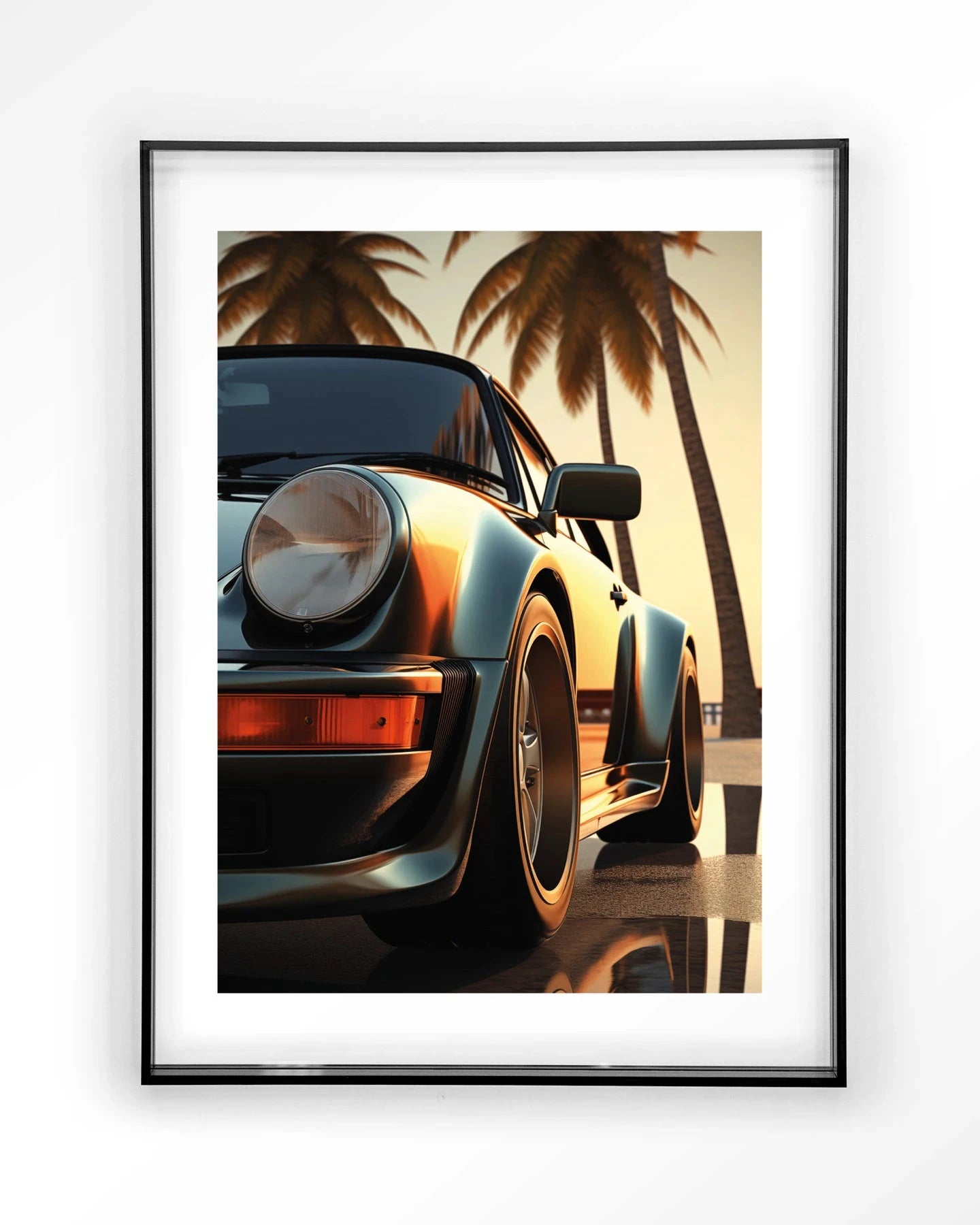 Modern kunstprint met Miami stijl, ingelijst in zwart acrylic frame, geschikt als wanddecoratie voor een eigentijdse uitstraling.