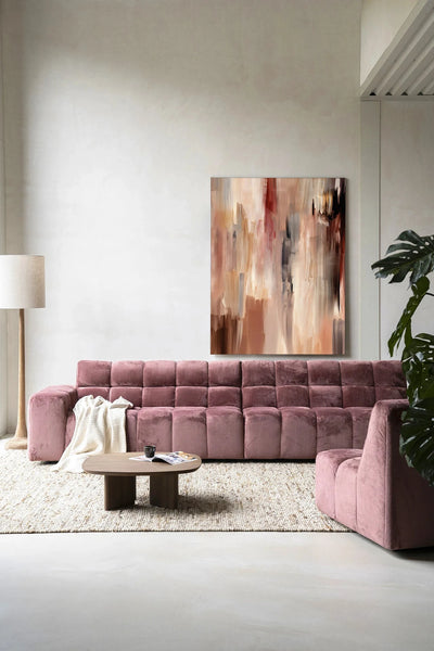 Moderne wanddecoratie van Urban Cotton, kunstprint met glas en wandkleed, abstract ontwerp in neutrale tinten.