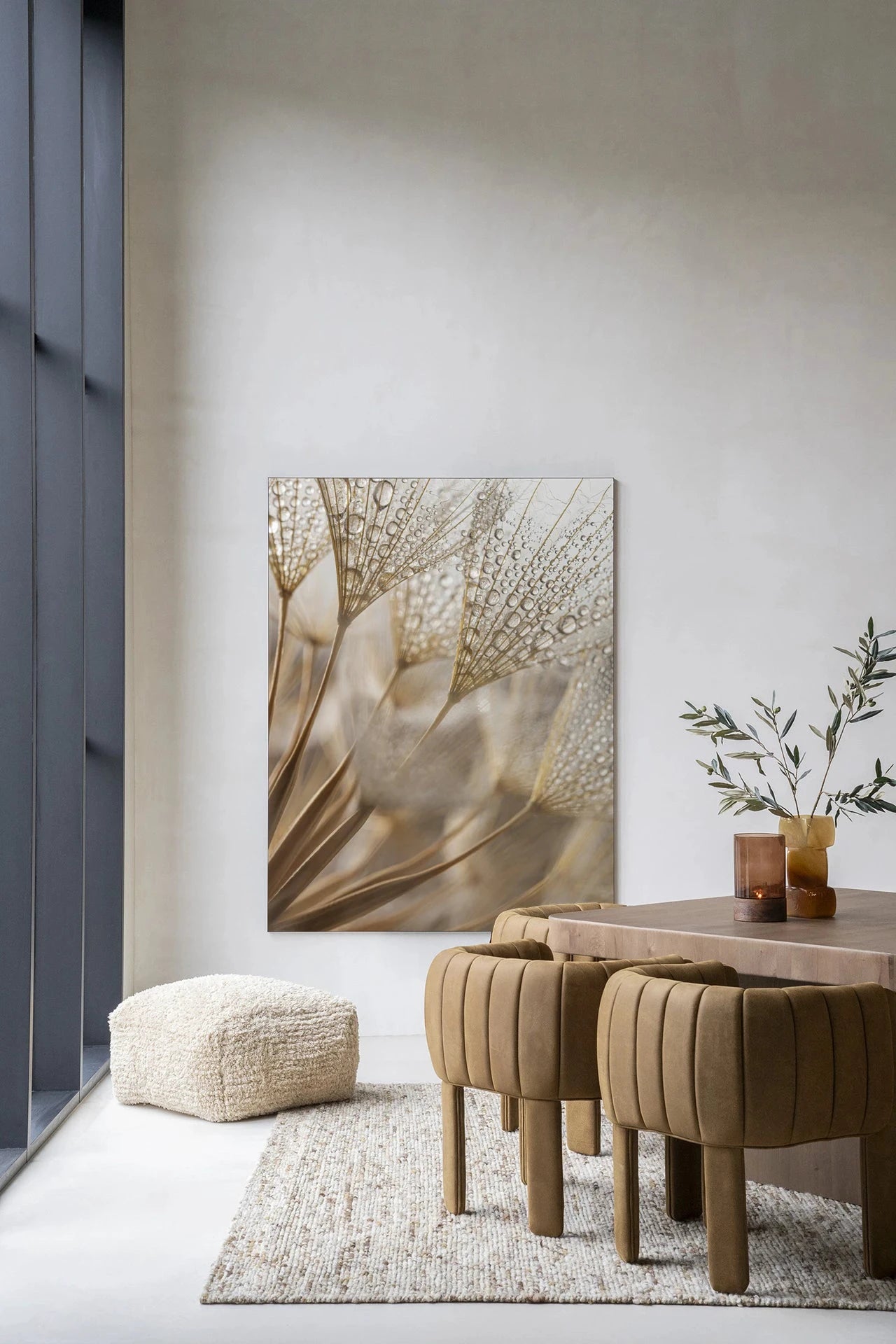 Abstracte natuurlijke kunstprint van Urban Cotton, moderne wanddecoratie met glas en wandkleed, geschikt voor stijlvolle interieuraccenten