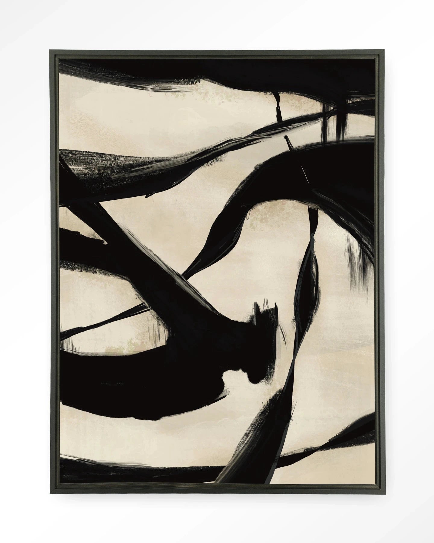 Moderne wanddecoratie van Urban Cotton met Nocturne Fortex kunstprint en wandkleed in zwart met glazen lijst, abstract ontwerp.
