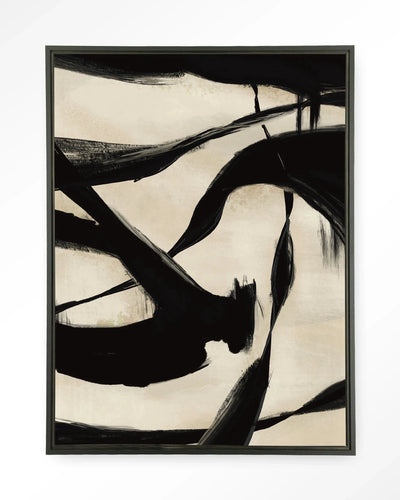 Moderne wanddecoratie van Urban Cotton met Nocturne Fortex kunstprint en wandkleed in zwart met glazen lijst, abstract ontwerp.