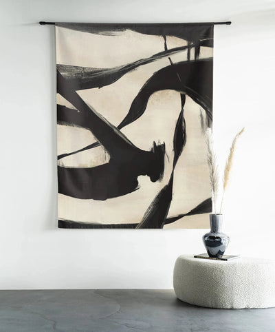Moderne wanddecoratie van Urban Cotton met Nocturne Fortex kunstprint, glasart en wandkleed met ronde boogvorm.