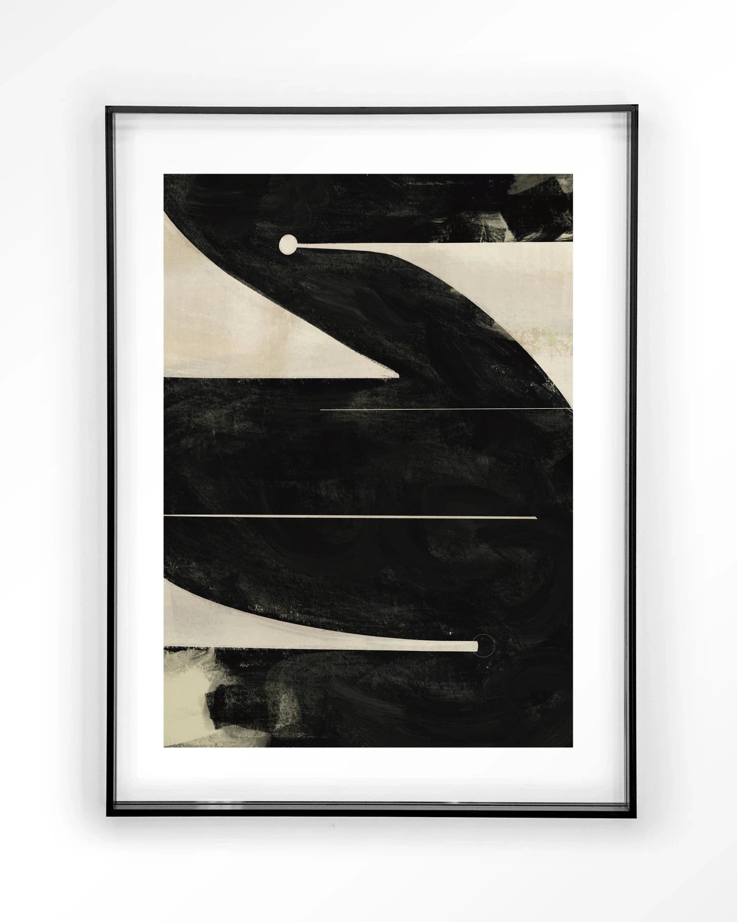 Moderne kunstprint "Nocturne Oasis" van Urban Cotton, met zwart acrylframe, wanddecoratie met abstract design in zwart-wit.