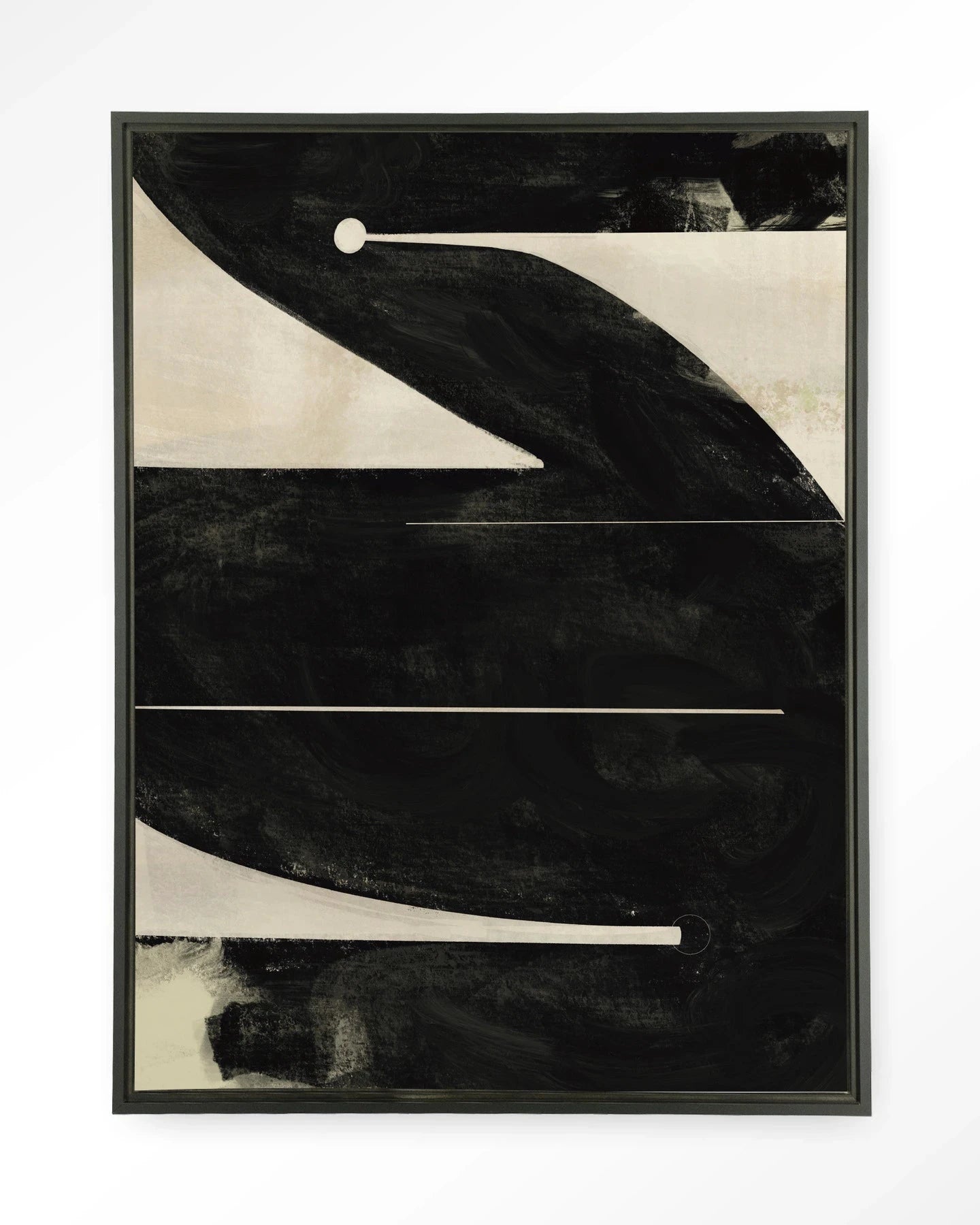 Moderne wanddecoratie van Urban Cotton met Nocturne Oasis kunstprint, glass art en wandkleed in zwart, zwevend frame design