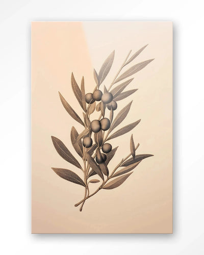 Moderne Oliva kunstprint van Urban Cotton, glaswanddecoratie met kleurrijke olijftakken en abstracte details.