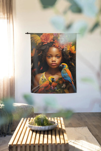 Moderne wanddecoratie van Urban Cotton, kunstprint met glas en wandkleed met roede en haak voor stijlvolle muurversiering