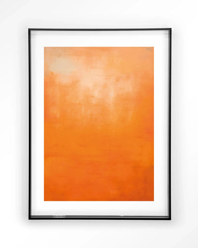 Moderne oranje kunstprint van Urban Cotton met acrylframe en zwart wandkleed, kleurrijke wanddecoratie voor interieur.