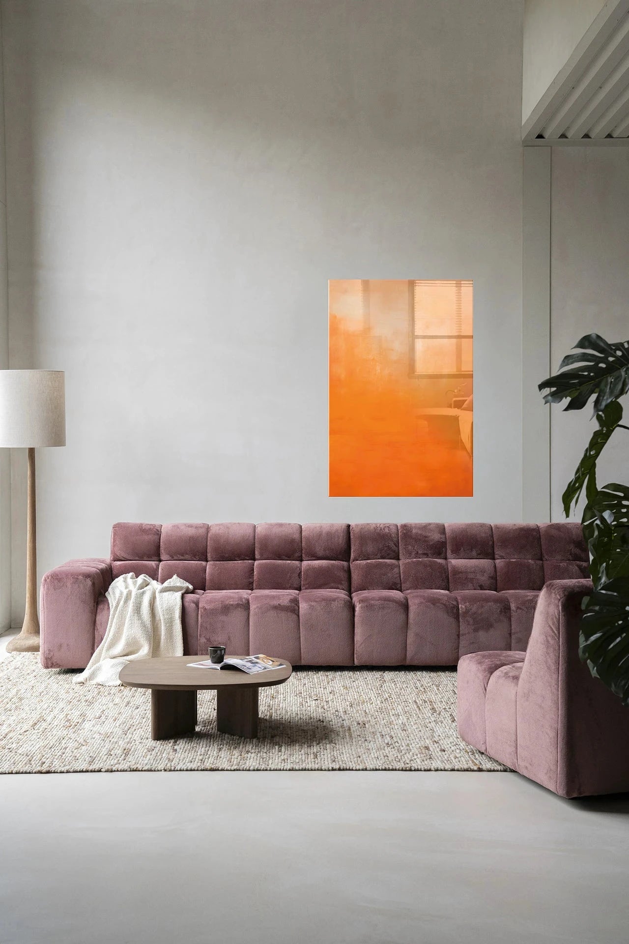 Moderne wanddecoratie van Urban Cotton met oranje glaskunst, inclusief artprint en wandkleed voor een stijlvolle muurversiering