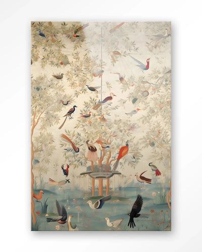 Moderne wanddecoratie van Urban Cotton met glass art en wandkleed met Oosters thema, kleurrijk en artistiek interieurstuk.
