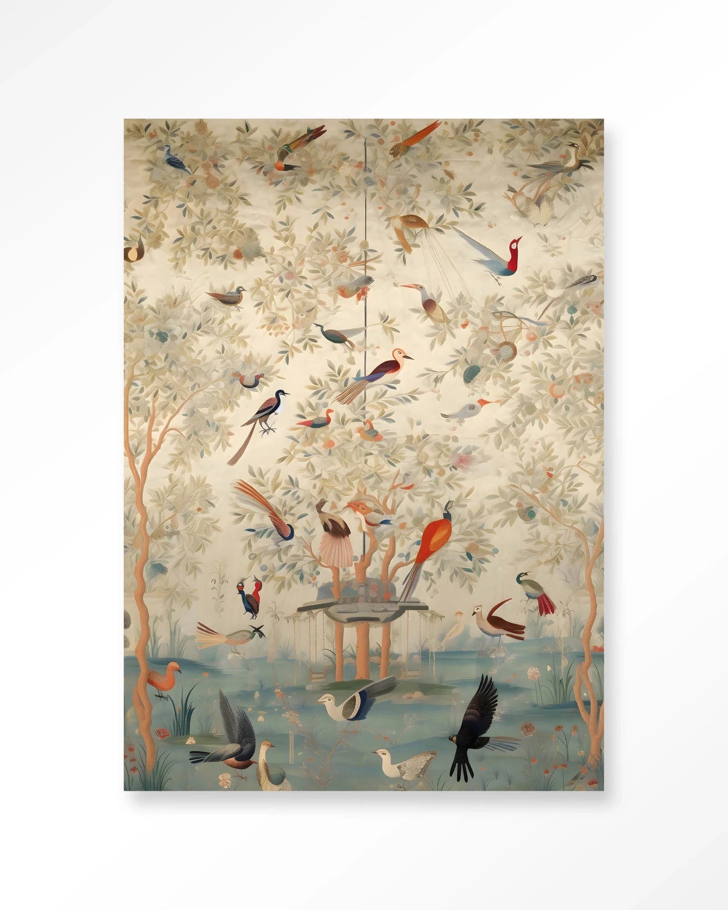 Moderne wanddecoratie van Urban Cotton met artprint en glass art met Oosterse motieven op wandkleed.