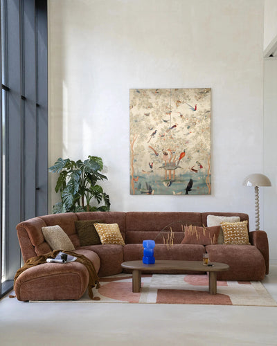 Moderne wanddecoratie kunst van Urban Cotton met Oriental Day print, glas art en wandkleed, kleurrijk en artistiek voor op de muur
