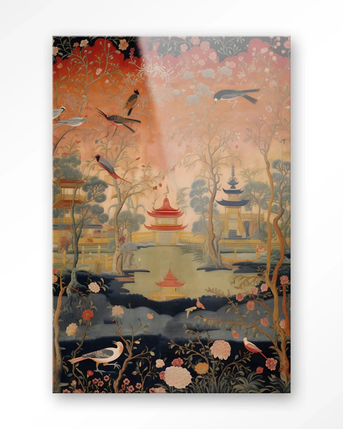 Moderne wanddecoratie van Urban Cotton met glas kunstprint en wandkleed met Oosters nachtthema, kleurrijk en artistiek ontworpen.
