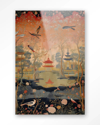 Moderne wanddecoratie van Urban Cotton met glas kunstprint en wandkleed met Oosters nachtthema, kleurrijk en artistiek ontworpen.