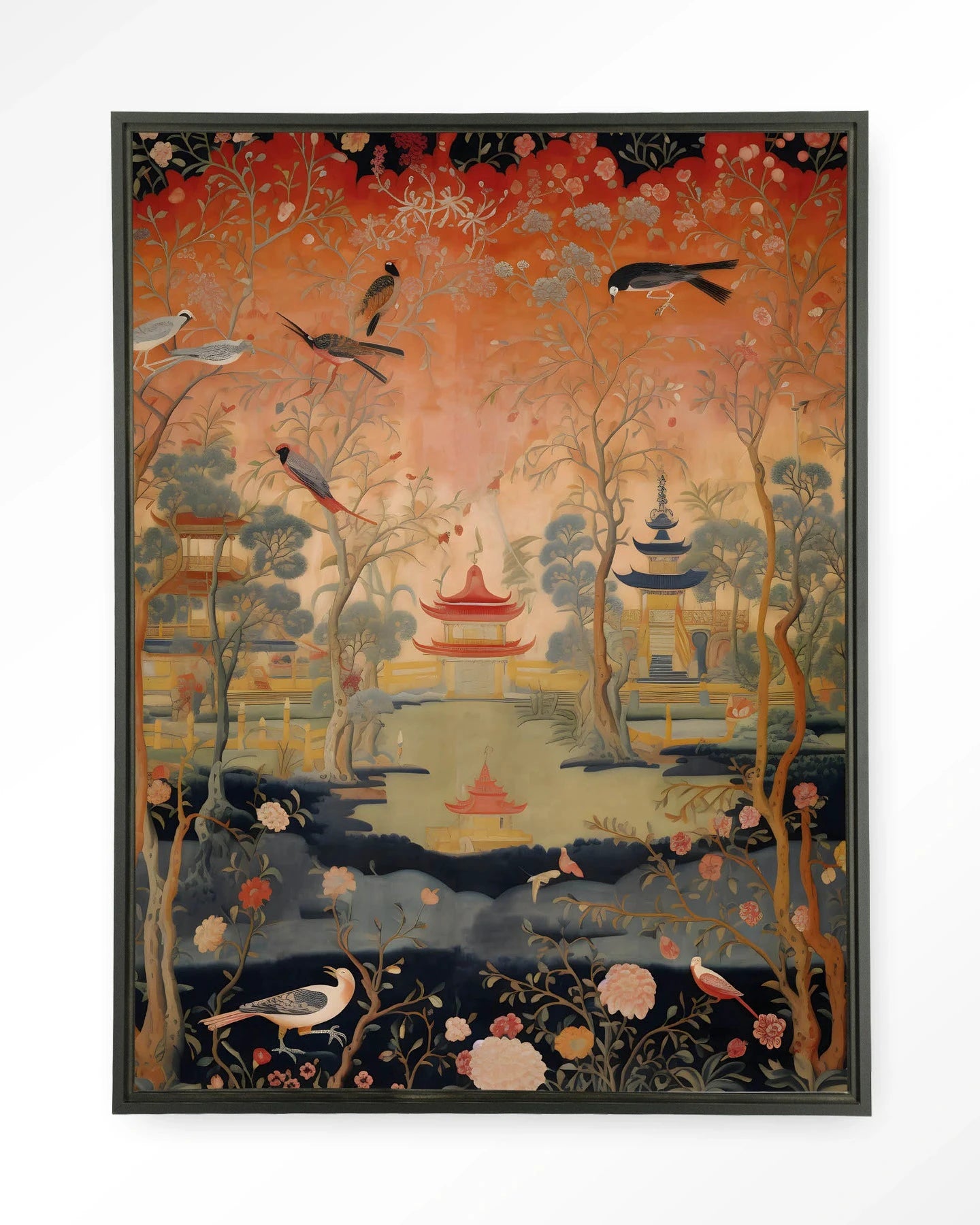 Moderne wanddecoratie van Urban Cotton, Oriental Night kunstprint op wandkleed met zwart frame en glazen kunst.
