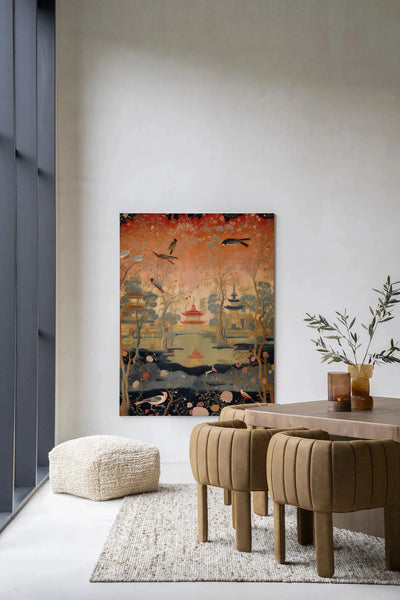 Moderne wanddecoratie met Oriental Night kunstprint en wandkleed van Urban Cotton, kleurrijk en decoratief voor interieur.